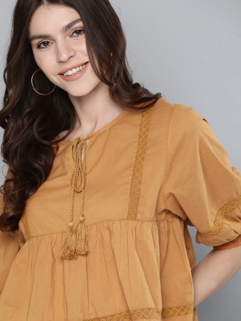 

Mast & Harbour Sustainable ECOVERO Women Mustard Brown Solid A-Line Top