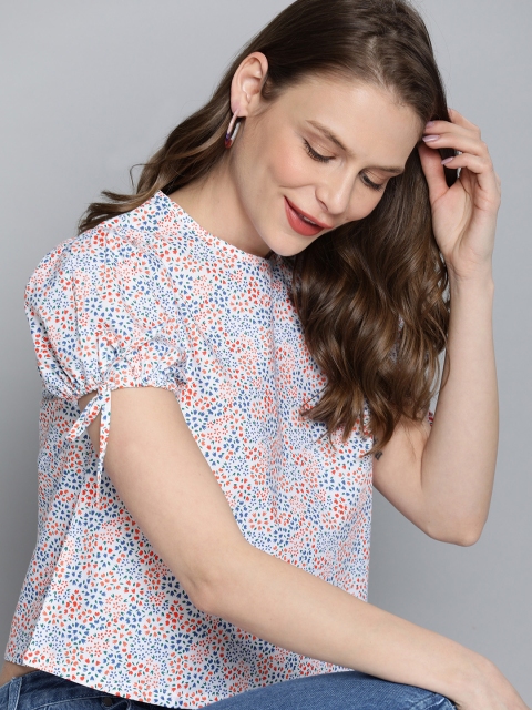 

Mast & Harbour Women White & Blue Printed Regular Top