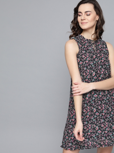 

Mast & Harbour Women Black & Pink Floral Printed A-Line Dress