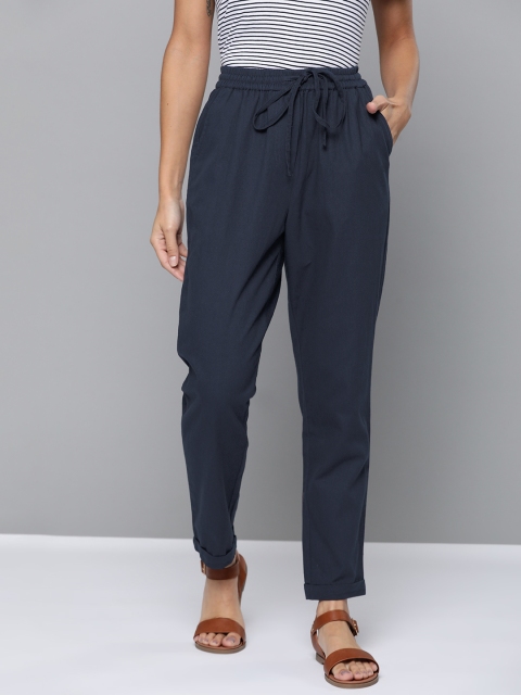

Mast & Harbour Women Navy Blue Tapered Fit Solid Regular Trousers