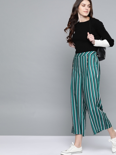 

Mast & Harbour Women Green & White Striped Parallel Trousers