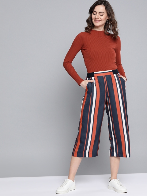 

Mast & Harbour Women Navy Blue & Rust Orange Striped Three-Fourth Trousers