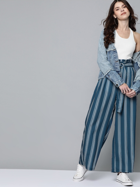 

Mast & Harbour Women Teal Blue & White Regular Fit Striped Parallel Trousers