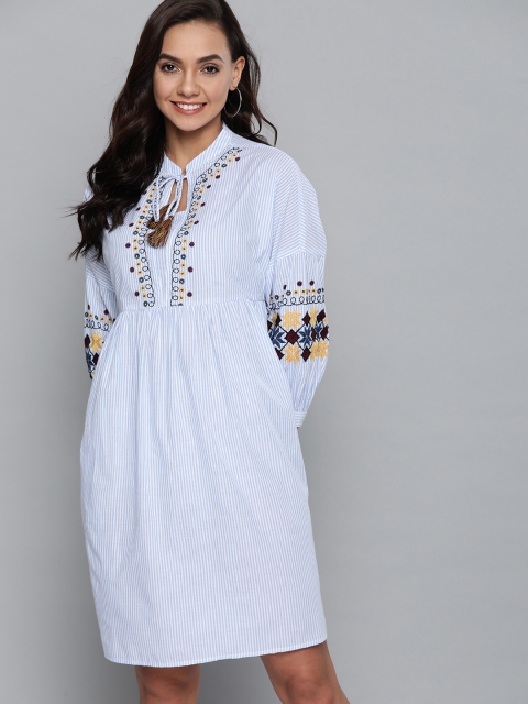 

Mast & Harbour Women Blue & White Striped A-Line Bohemian Dress