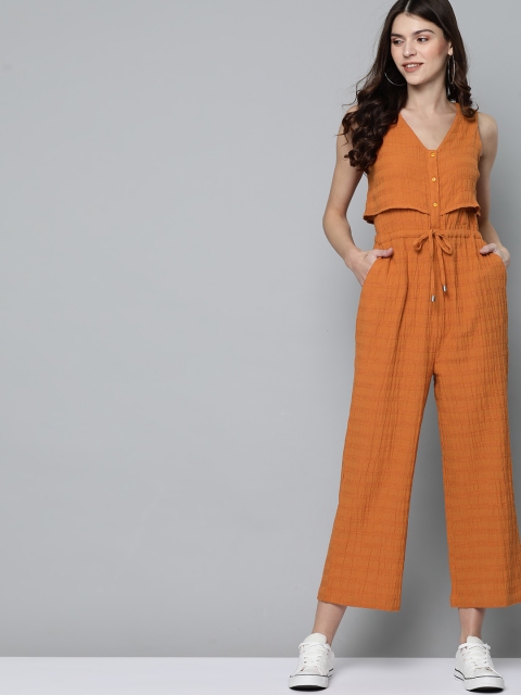 

Mast & Harbour Women Rust Orange Self-Striped Layered Basic Jumpsuit