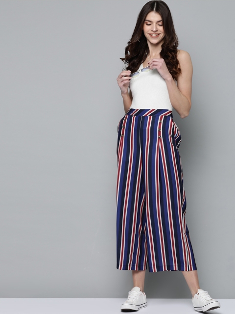 

Mast & Harbour Women Blue & Maroon Regular Fit Striped Parallel Trousers