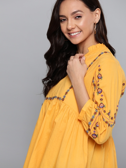 

Mast & Harbour Women Mustard Yellow & Blue Embroidered A-Line Top