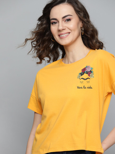 

Mast Harbour Women Mustard Yellow Solid Round Neck Pure Cotton T-shirt