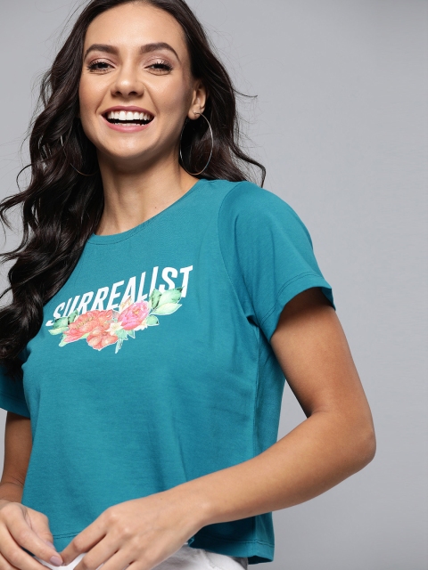 

Mast & Harbour Women Teal Blue & White Printed Round Neck Crop T-shirt