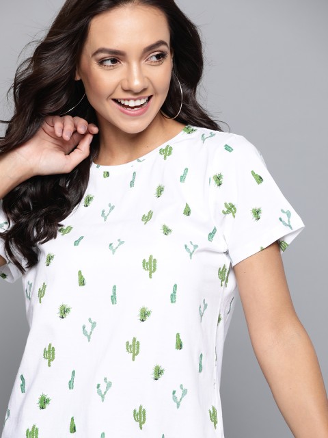 

Mast & Harbour Women White & Green Printed Round Neck T-shirt