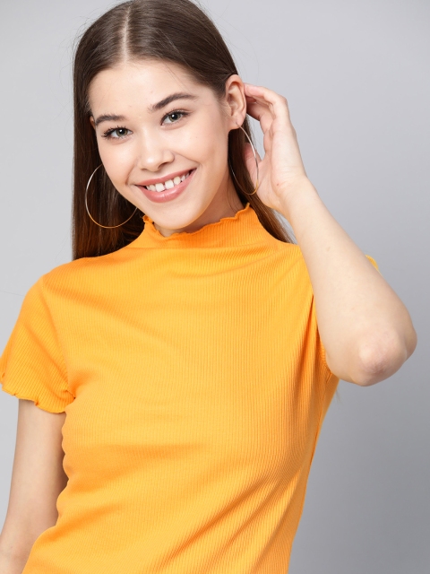 

Mast & Harbour Women Mustard Yellow Ribbed High Neck T-shirt