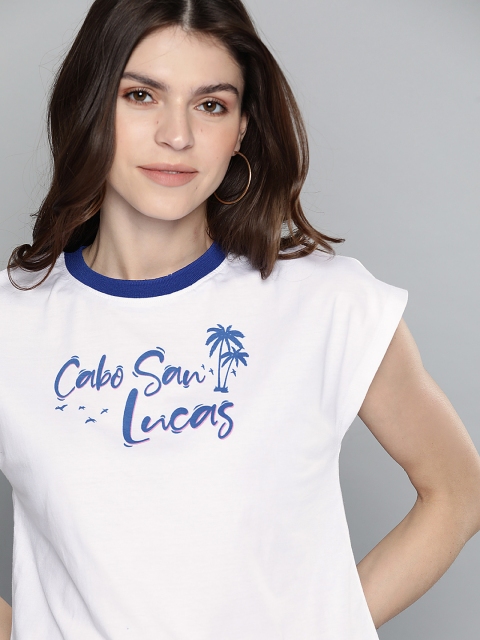 

Mast & Harbour Women White & Blue Printed Round Neck T-shirt