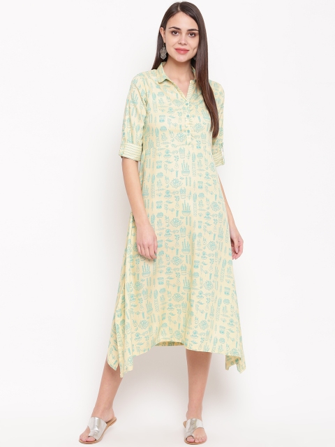 

Rangriti Women Cream-Coloured & Blue Quirky Print Midi A-Line Dress