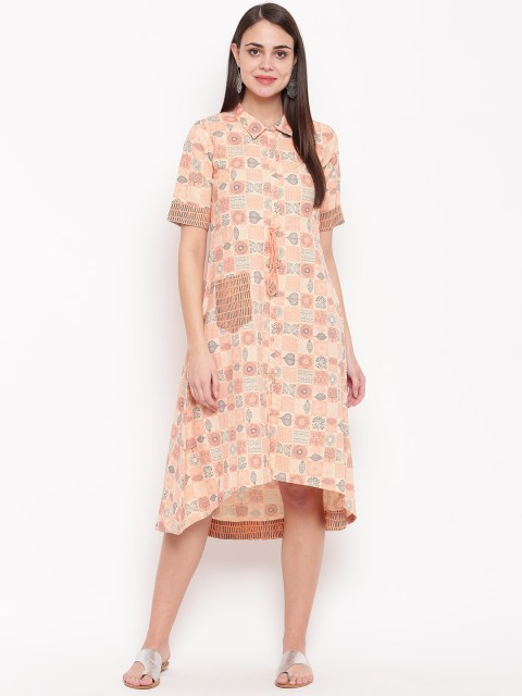 

Rangriti Women Peach-Coloured Printed Shirt Dress