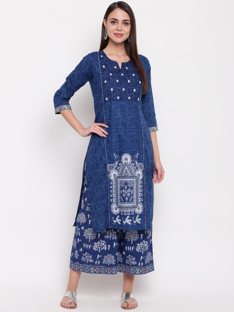 

Rangriti Women Navy Blue & White Printed Straight Kurta