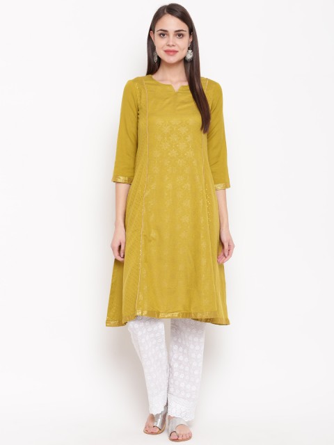 

Rangriti Women Green & Golden Printed A-Line Kurta