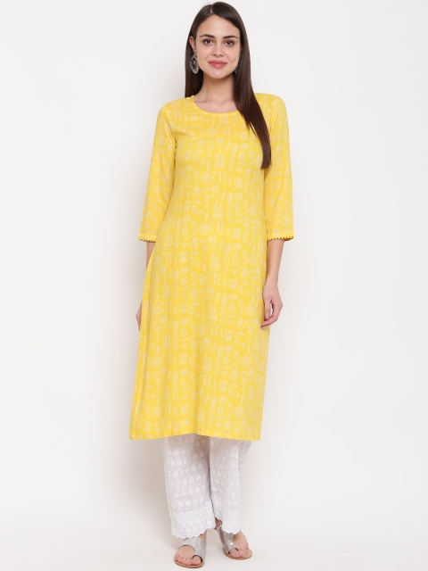 

Rangriti Women Yellow & Off-White Printed Straight Kurta