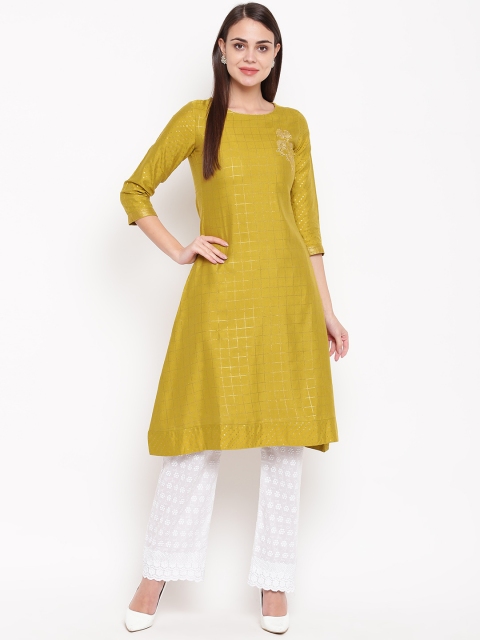 

Rangriti Women Olive Green & Golden Checked A-Line Kurta