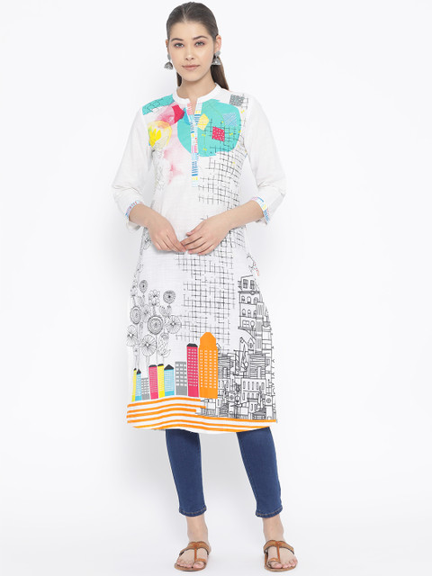

Rangriti Women White & Black Quirky Printed Straight Kurta