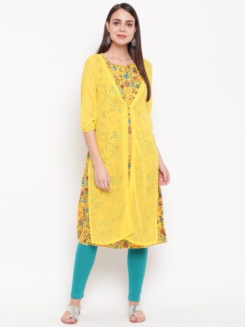 

Rangriti Women Yellow & Peach-Coloured Quirky Print Layered Straight Kurta