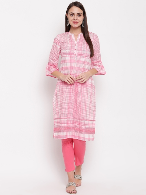 

Rangriti Women White & Pink Checked Straight Kurta