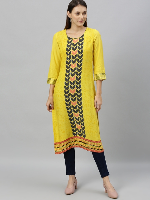 

Rangriti Women Yellow & Black Printed Straight Kurta