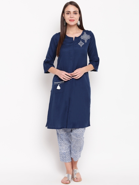 

Rangriti Women Navy Blue Solid Straight Kurta