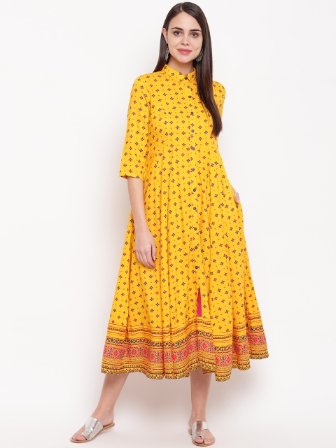 

Rangriti Women Mustard Yellow & Navy Blue Printed A-Line Dress