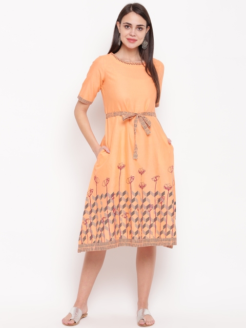 

Rangriti Women Peach-Coloured Printed A-Line Dress