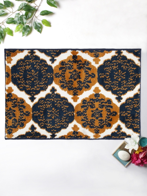 

India Circus by Krsnaa Mehta Navy Blue & Orange Floral Hypnosis Patterned Anti-Skid & Water-Resistant Bathmat