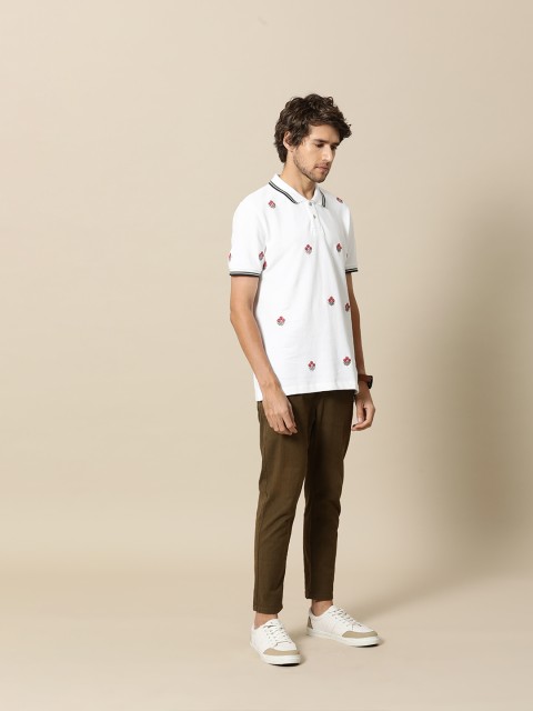 

Mr Bowerbird Men White Red Floral Embroidered Pure Cotton Polo Collar Pure Cotton T-shirt