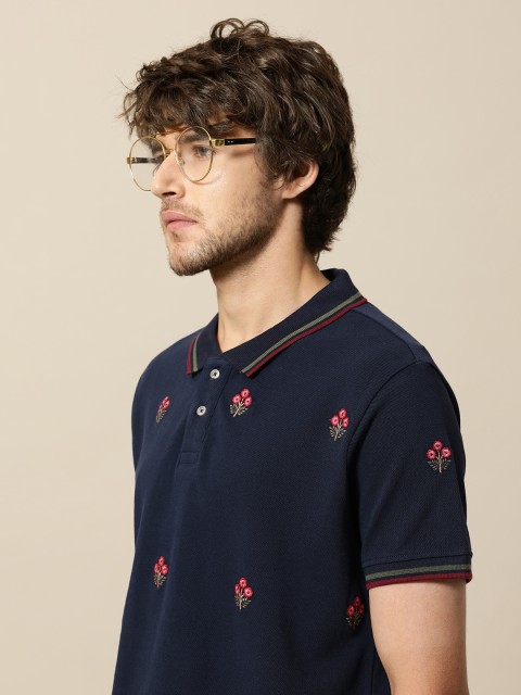 

Mr Bowerbird Men Navy Blue Pink Floral Embroidered Tailored Fit Polo Collar Pure Cotton T-shirt