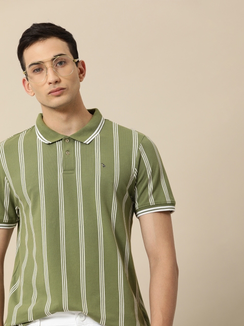 

Mr Bowerbird Men Olive Green & White Striped Polo Collar T-shirt