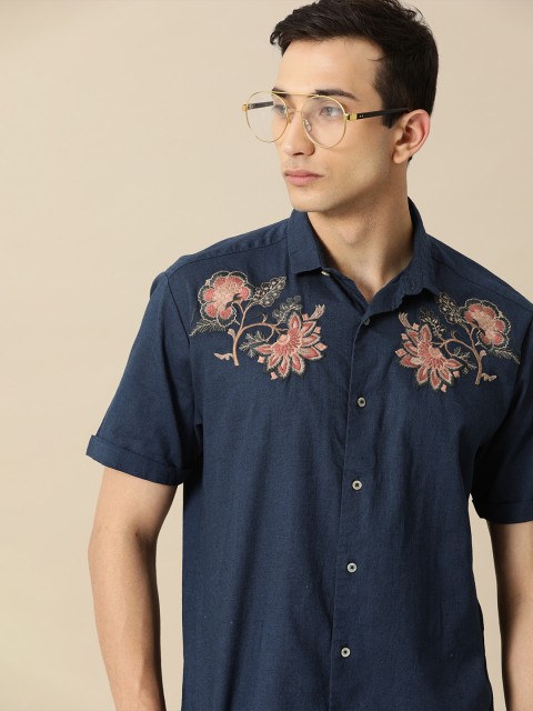 

Mr Bowerbird Men Navy Blue Liberal Fit Chintz Embroidered Urban Shirt