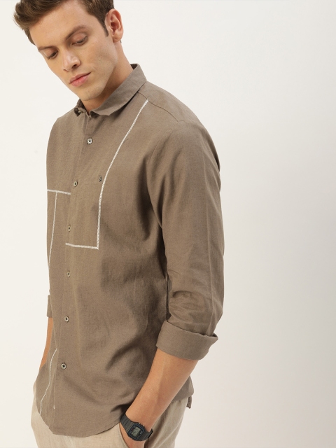 

Mr Bowerbird Men Brown Tailored Fit Architecture Embroidered Linen Shirt