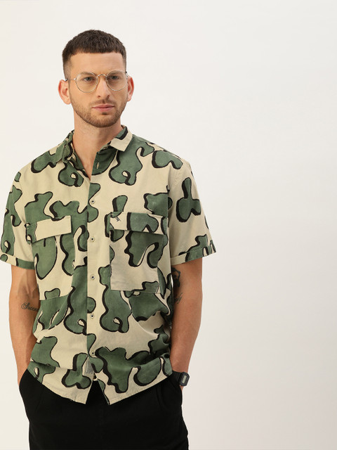 

Mr Bowerbird Men Beige & Olive Green Regular Fit Hand Printed Sustainable Casual Sustainable Sustainable Shirt