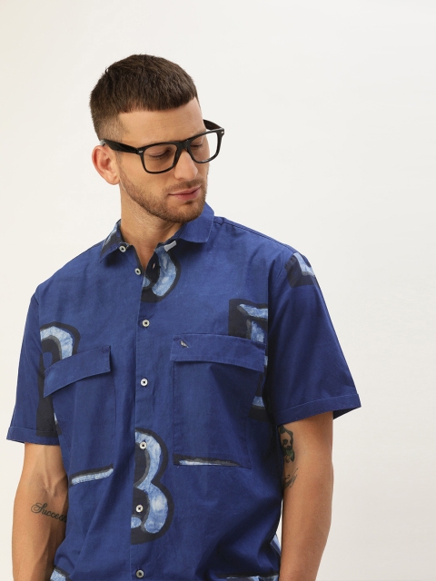 

Mr Bowerbird Men Navy Blue Regular Fit Natural Dyed Hand Printed Sustainable Casual Sustainable Sustainable Shirt