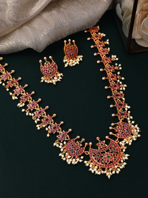

Rubans Red & Off-White Stone Studded Gold-Plated Jewellery Set
