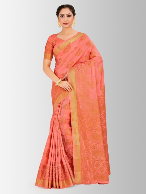 

MIMOSA Peach-Coloured & Gold-Coloured Art Silk Embellished Kanjeevaram Saree
