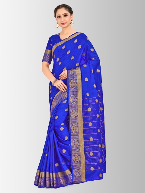 

MIMOSA Blue & Gold-Toned Poly Crepe Woven Design Mysore Silk Saree