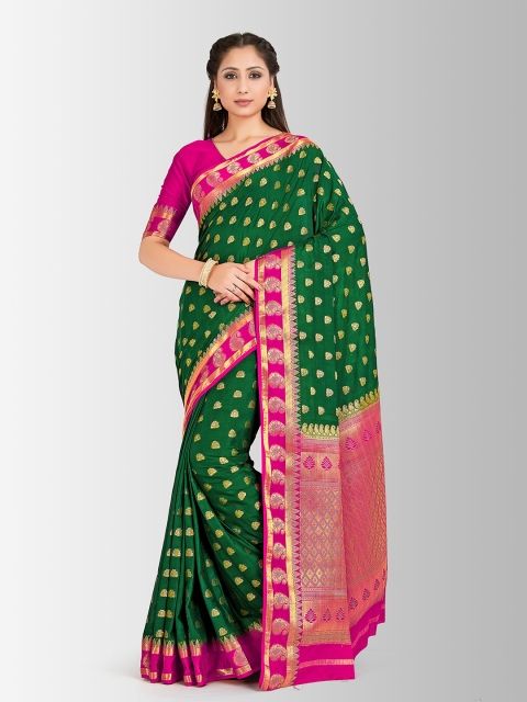 

MIMOSA Green & Pink Poly Crepe Woven Design Mysore Silk Saree