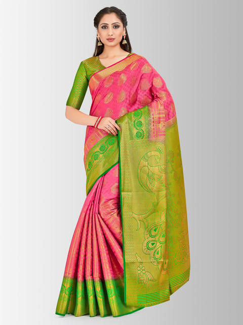 

MIMOSA Pink & Green Art Silk Woven Design Kanjeevaram Saree