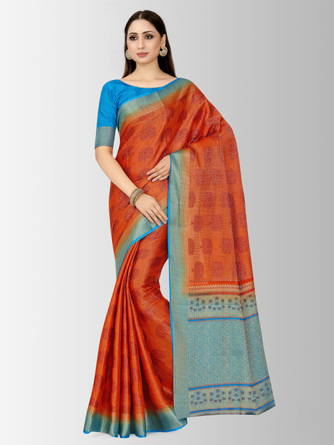 

MIMOSA Rust Orange & Blue Art Silk Woven Design Kanjeevaram Saree