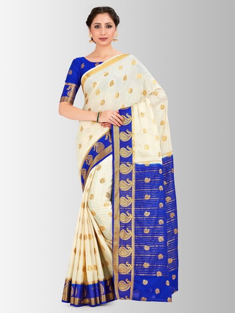 

MIMOSA Cream-Coloured & Blue Poly Crepe Woven Design Mysore Silk Saree