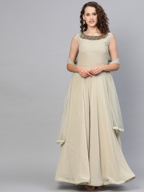 

Chhabra 555 Women Taupe & Golden Embellished Made to Measure Cocktail Gown with Dupatta