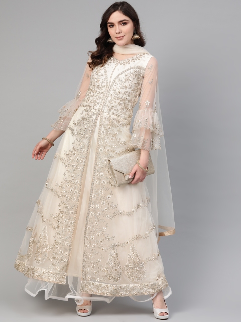 

Chhabra 555 Women Beige & Golden Resham Zari Made to Measure Cocktail Gown with Dupatta