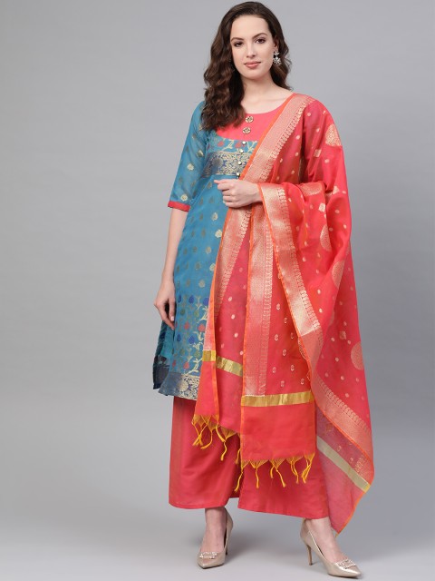 

Chhabra 555 Women Blue & Pink Self Design Made-to-Measure Kurta Set