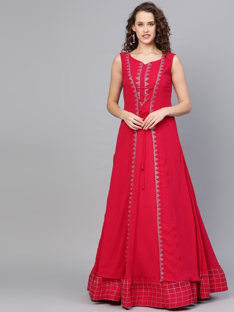 

Chhabra 555 Women Magenta Solid Made to Measure Cocktail Gown with Ethnic Layer