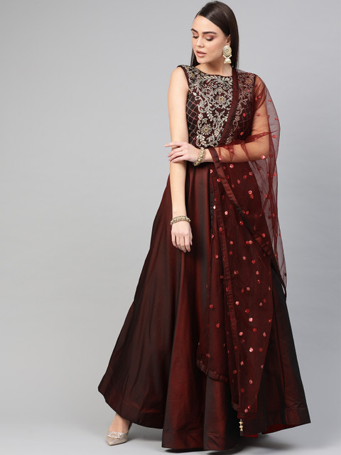 

Chhabra 555 Women Maroon Yoke Design Made to Measure Cocktail Gown with Dupatta