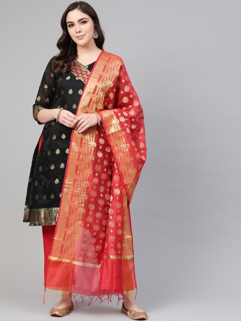 

Chhabra 555 Black & Red Made To Measure Zari Resham Angrakha Woven Kurta Set With Dupatta